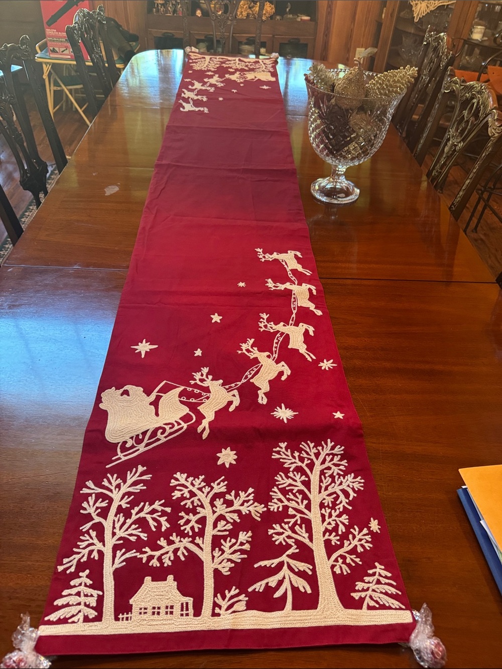 Pottery Barn Holiday Table Runner - Red with White Santa & Reindeer Design